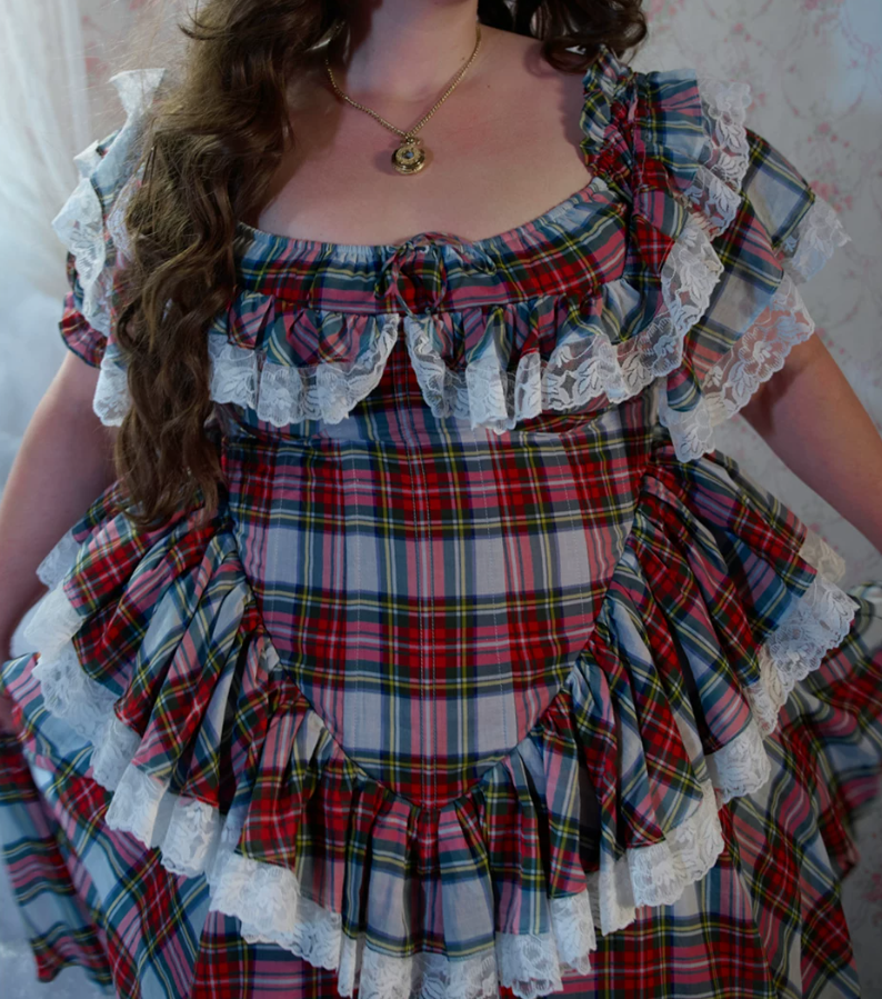 Retro Square Neck Homecoming Dress Ruffles Lace Plaid A-Line Birthday Dress D0483