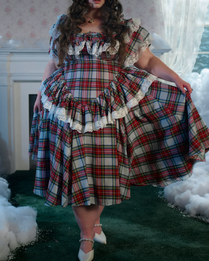 Retro Square Neck Homecoming Dress Ruffles Lace Plaid A-Line Birthday Dress D0483