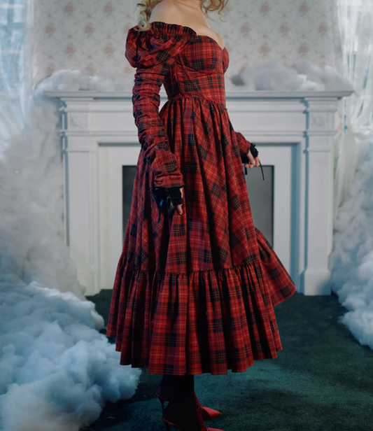 Y2K Off The Shoulder Red Prom Dress Long Sleeve Plaid A-Line Evening Dress D0484
