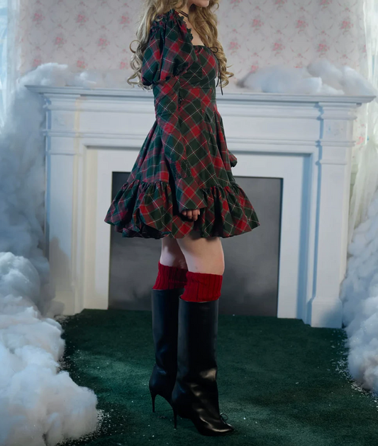 Vintage Square Neck Homecoming Dress Plaid Long Sleeve A-Line Birthday Dress D0486