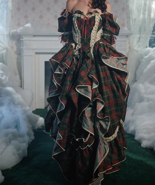 Charming Off The Shoulder Prom Dress Ruffles Plaid A-Line Evening Dress D0487