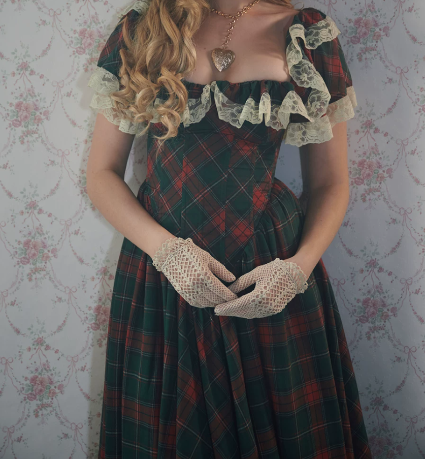 Enchanting Square Neck Homecoming Dress Lace Ruffles Plaid A-Line Birthday Dress D0488