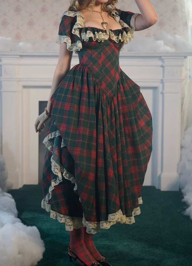 Enchanting Square Neck Homecoming Dress Lace Ruffles Plaid A-Line Birthday Dress D0488