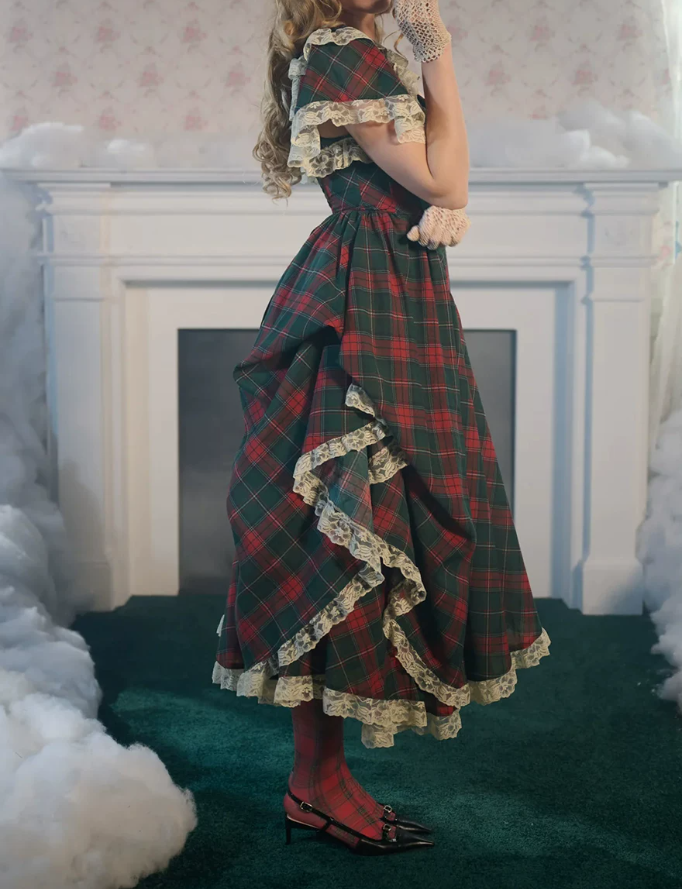 Enchanting Square Neck Homecoming Dress Lace Ruffles Plaid A-Line Birthday Dress D0488