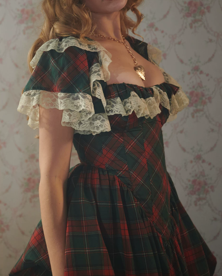 Enchanting Square Neck Homecoming Dress Lace Ruffles Plaid A-Line Birthday Dress D0488