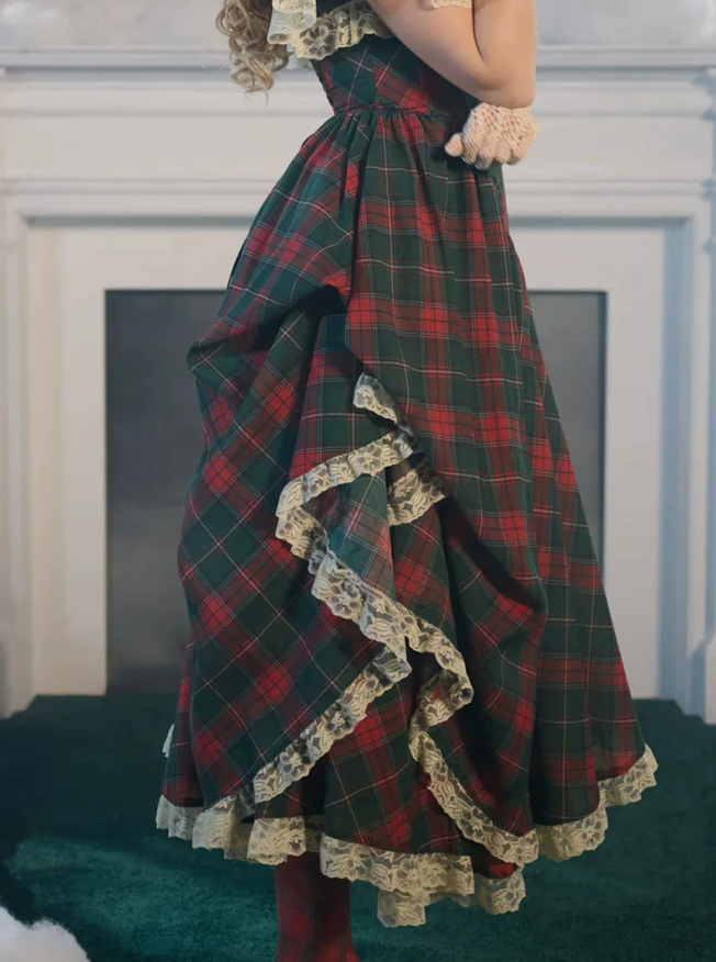Enchanting Square Neck Homecoming Dress Lace Ruffles Plaid A-Line Birthday Dress D0488