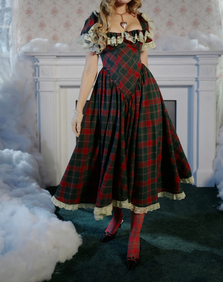 Enchanting Square Neck Homecoming Dress Lace Ruffles Plaid A-Line Birthday Dress D0488