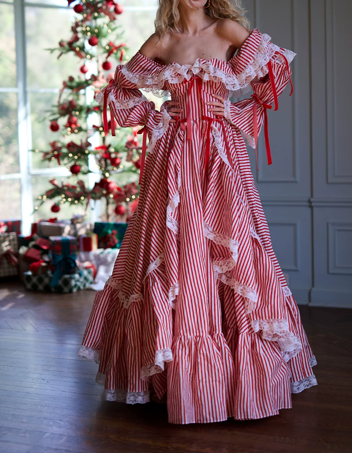 Playful Square Neck Red Homecoming Dress Long Sleeve Stripes A-Line Birthday Dress D0489