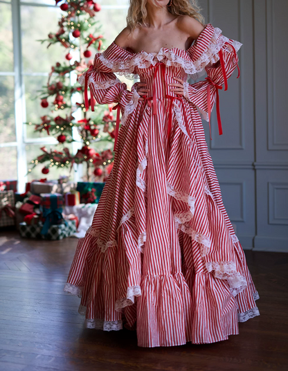 Playful Square Neck Red Homecoming Dress Long Sleeve Stripes A-Line Birthday Dress D0489