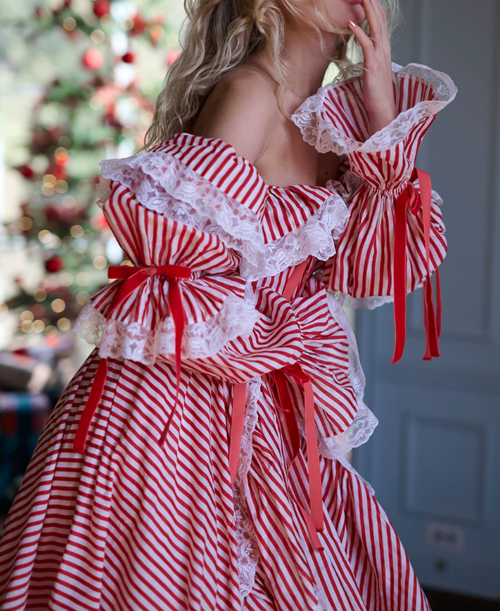Playful Square Neck Red Homecoming Dress Long Sleeve Stripes A-Line Birthday Dress D0489
