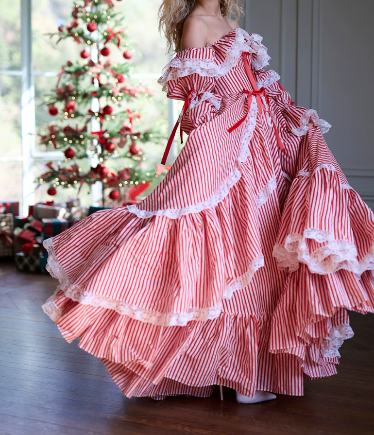 Playful Square Neck Red Homecoming Dress Long Sleeve Stripes A-Line Birthday Dress D0489