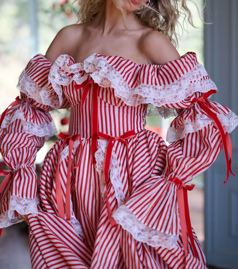 Playful Square Neck Red Homecoming Dress Long Sleeve Stripes A-Line Birthday Dress D0489