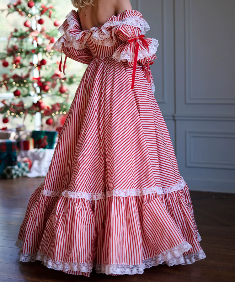 Playful Square Neck Red Homecoming Dress Long Sleeve Stripes A-Line Birthday Dress D0489