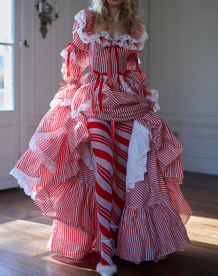 Playful Square Neck Red Homecoming Dress Long Sleeve Stripes A-Line Birthday Dress D0489