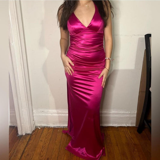 Sexy Mermaid Sleeveless Silk Satin Long Hot Pink Backless Prom Dresses D048