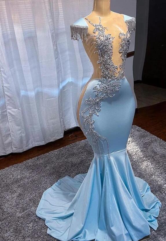 Sexy Mermaid Sleeveless Silk Satin Long Blue Prom Dresses D049