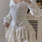 Vintage Square Neck White Homecoming Dress Velvet Tiered A-Line Birthday Dress D0493