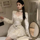 Vintage Square Neck White Homecoming Dress Velvet Tiered A-Line Birthday Dress D0493