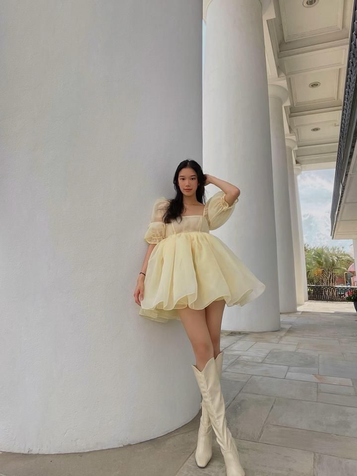 Classical Square Neck Homecoming Dress Yellow Short Sleeve A-Line Birthday Dress D0496