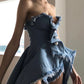 Playful Strapless Homecoming Dress Denim Blue Ruffles A-Line Birthday Dress D0501