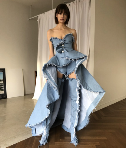 Playful Strapless Homecoming Dress Denim Blue Ruffles A-Line Birthday Dress D0501