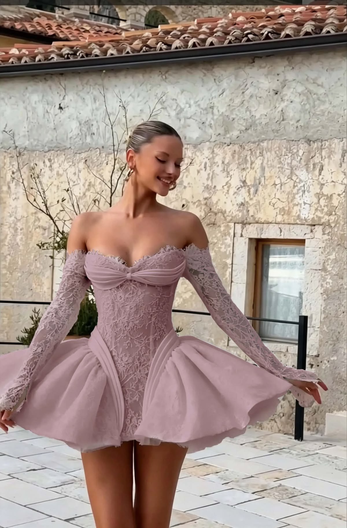 Glamorous Off The Shoulder Homecoming Dress Long Sleeve Lace A-Line Birthday Dress D0505