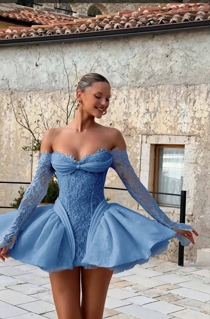 Glamorous Off The Shoulder Homecoming Dress Long Sleeve Lace A-Line Birthday Dress D0505