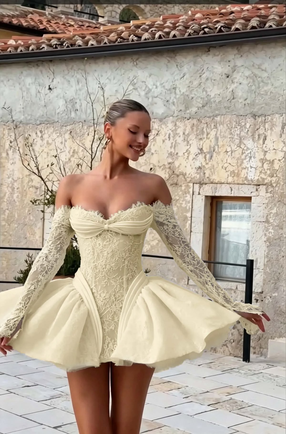 Glamorous Off The Shoulder Homecoming Dress Long Sleeve Lace A-Line Birthday Dress D0505
