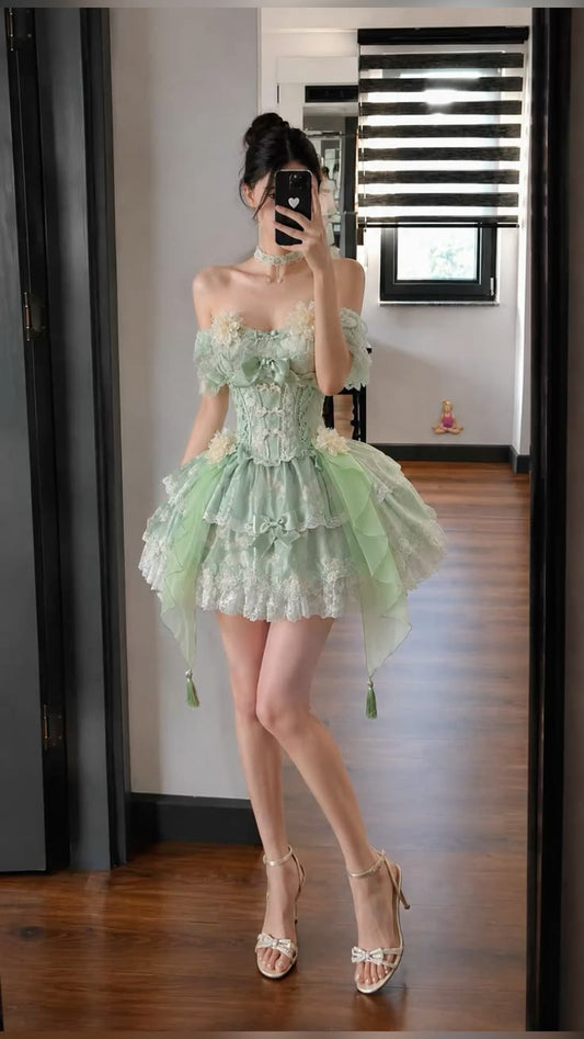 Dreamy Off The Shoulder Homecoming Dress Green Lace Tiered A-Line Birthday Dress D0509