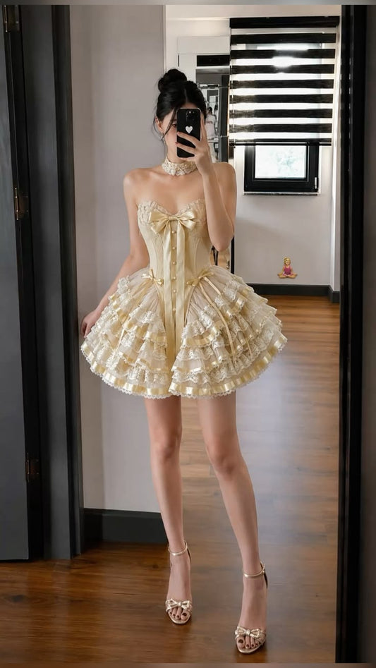 Lovely Strapless Homecoming Dress Yellow Lace Tiered A-Line Birthday Dress D0510