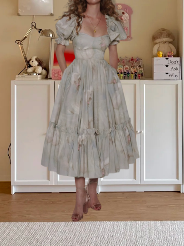 Retro Short Sleeve Prom Dress Gray Floral Ruffles A-Line Evening Dress D0512
