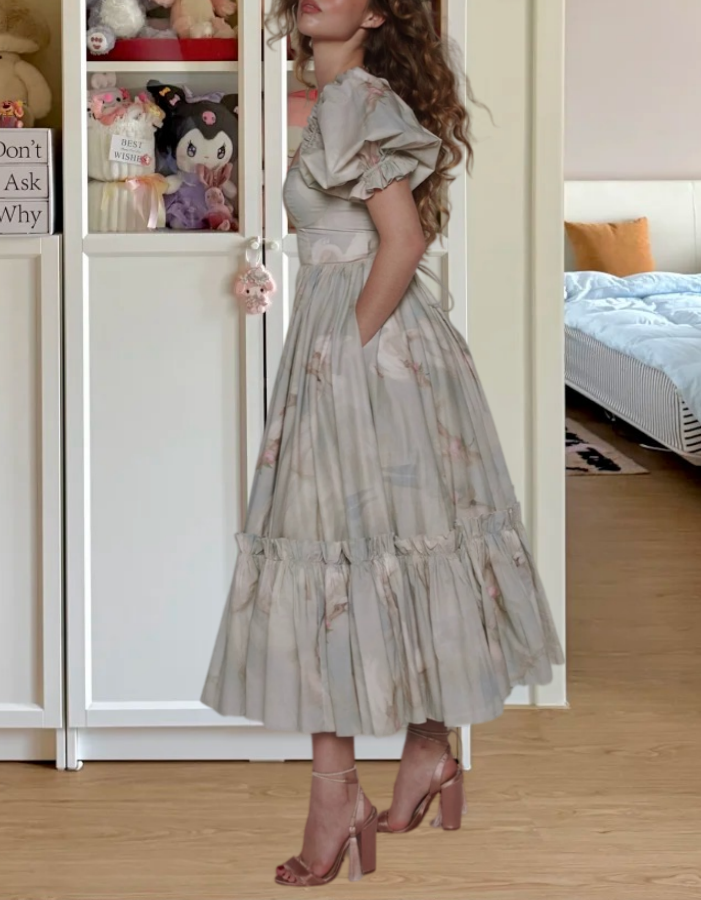 Retro Short Sleeve Prom Dress Gray Floral Ruffles A-Line Evening Dress D0512