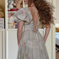 Retro Short Sleeve Prom Dress Gray Floral Ruffles A-Line Evening Dress D0512