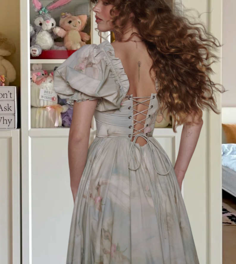 Retro Short Sleeve Prom Dress Gray Floral Ruffles A-Line Evening Dress D0512
