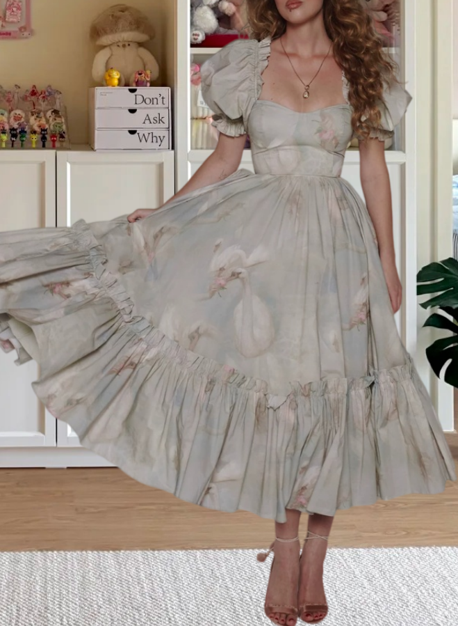 Retro Short Sleeve Prom Dress Gray Floral Ruffles A-Line Evening Dress D0512