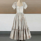 Retro Short Sleeve Prom Dress Gray Floral Ruffles A-Line Evening Dress D0512