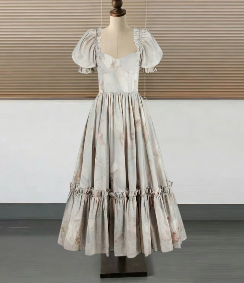 Retro Short Sleeve Prom Dress Gray Floral Ruffles A-Line Evening Dress D0512