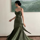 Robe de bal longue en Satin vert, bretelles fourreau Vintage, D051