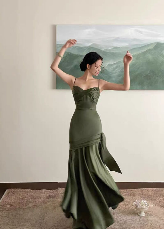 Vintage Sheath Straps Green Satin Long Prom Dresses D051