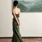 Robe de bal longue en Satin vert, bretelles fourreau Vintage, D051