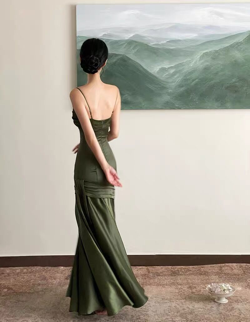 Robe de bal longue en Satin vert, bretelles fourreau Vintage, D051