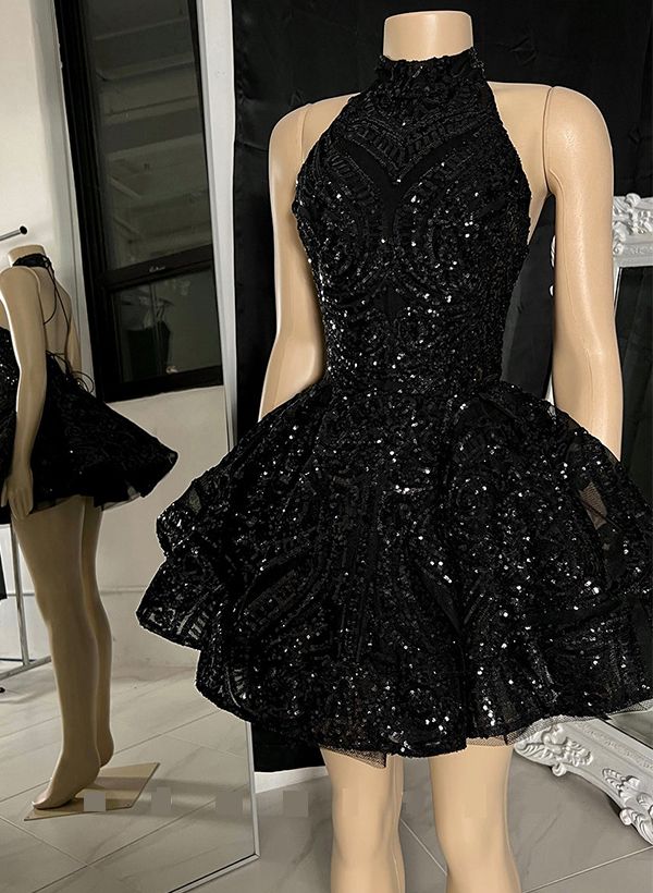 Shiny Halter Neck Homecoming Dress Black Sequins A-Line Birthday Dress D0520