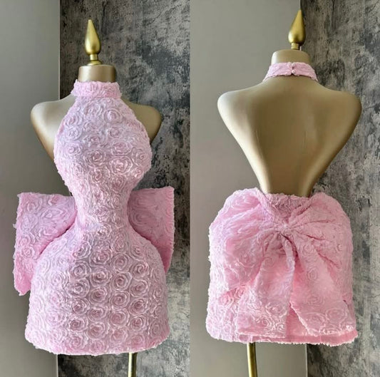 Adorable Halter Neck Bow Homecoming Dress Pink Backless Floral A-Line Birthday Dress D0521