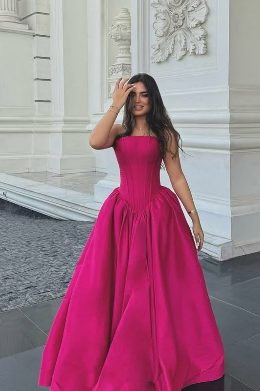 Y2K Strapless Prom Dress Hot Pink A-Line Evening Dress D0535