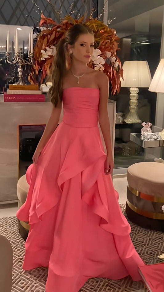 Simple Strapless Ruffles Prom Dress Pink A-Line Evening Dress D0536