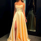 Glam Strapless Sequins Wedding Dresses Satin Slit A-Line Bridal Dress D0545