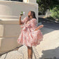 Playful V Neck Pink Homecoming Dress Floral Short Sleeve A-Line Birthday Dress D0548