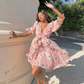 Playful V Neck Pink Homecoming Dress Floral Short Sleeve A-Line Birthday Dress D0548