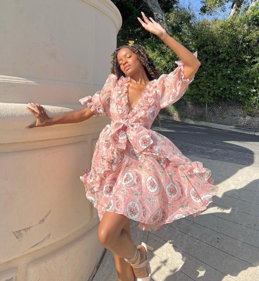 Playful V Neck Pink Homecoming Dress Floral Short Sleeve A-Line Birthday Dress D0548