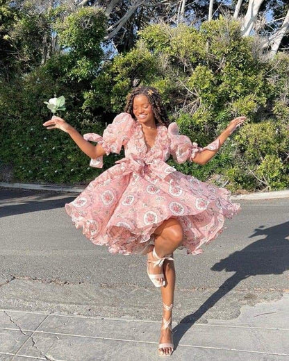 Playful V Neck Pink Homecoming Dress Floral Short Sleeve A-Line Birthday Dress D0548